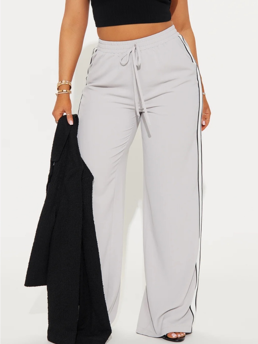 *NWT* Fashion Nova Light Gray Wide Leg Track Pants with Side Stripe
